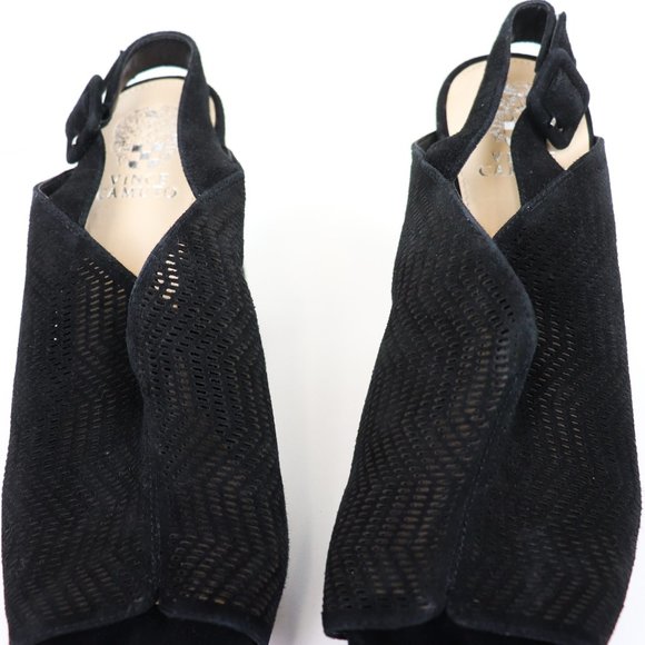 Vince Camuto Jenseya Perforated Peep Toe Wedge Heels Black Suede Leather 10 - Picture 7 of 10